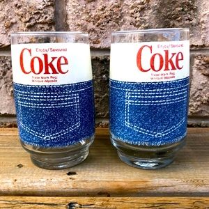 (2) Vintage, Coca-Cola, Retro. 1970’s Tumbler Glass, Denim, 5 inches Tall